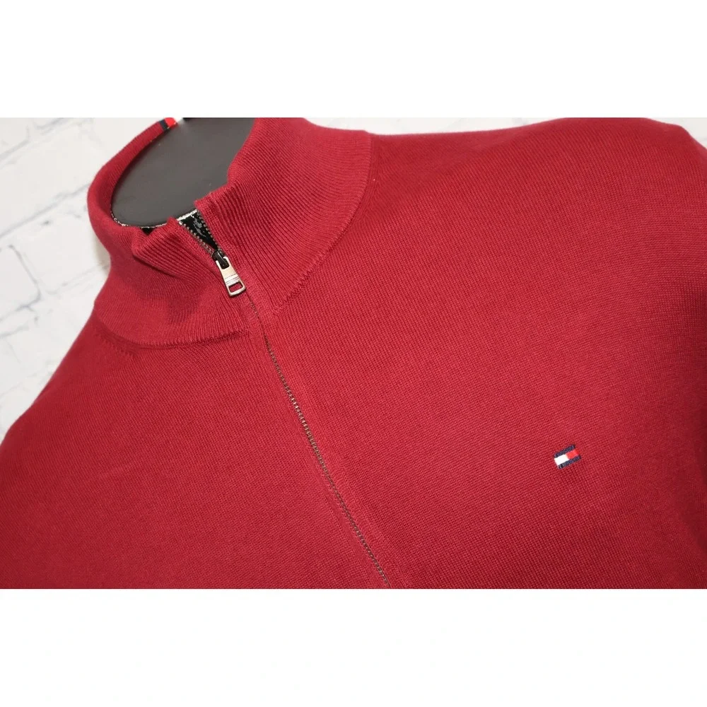 Tommy Hilfiger Sweater Mens XXL Red 1/4 Zip Cotton Pullover Logo Mock Neck